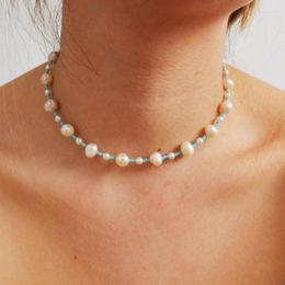 Choker Handmade Baroque Exquisite Natural Freshwater Pearl Necklace For Women Blue Bead Stitching Fashion Match Clothing Accessories