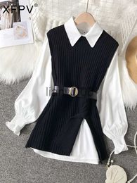 Women's Blouses Shirts XFPV 2023 New Autumn Fashion Chic Lace Up Waist Closing Knitting Vests Lapel White Casual Long Sleeve Shirts Female SM1747 J230802