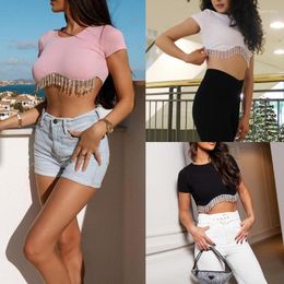 Women's T Shirts Womens Crop Tops With Glitter Tassel Round Neck Sexy Summer Short Sleeve Ribbed T-Shirts Slim-Fitted Teen Clothes