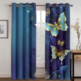 Curtain Blue Butterfly Gold Red Rose Modern Luxury 2 Pieces Thin Curtains For Living Room Bedroom Window Decor Drape