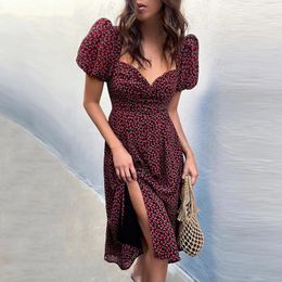 Casual Dresses Puff Short Sleeve Women Summer Midi Dress Vintage Square Collar Floral Print French Style Sundress Sexy Slit Party Robe