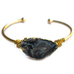 Irregualr Natural Agate Quartz Geode Druzy Stone Bracelet for Women Men Handmade Wrap Wrappd Gold Adjustable Open Cuff Bangles