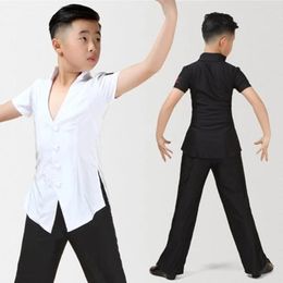 Stage Wear Boys Latin Top Short Sleeve V Collar Rumba Cha Samba Tango Salsa Dancing Shirts Kids Competition Performance