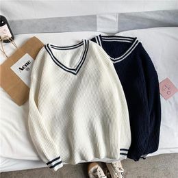 Men's Sweaters Fashion Spring Autumn Men Clothes V-Neck Solid Color Stripes Sweater Korean College Style Ins Student Loose Knit Thick