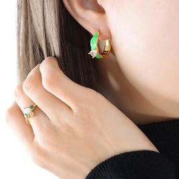 Backs Earrings Special-Interest Design Enamel Drop Oil Inlaid Zircon Stud Elegant High-Grade Brass Material Geometric Bright Green Ear