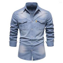 Men's Casual Shirts Vintage Style Denim Shirt For Men With Embroidery Decoration