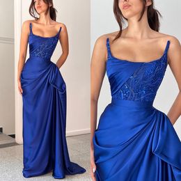 Elegant Royal Blue Prom Dresses Strapless Backless Satin Evening Dress Sequins Beads Pleats Formal Long Special Occasion Party dress