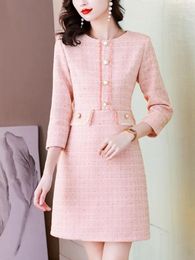 Casual Dresses Runway Fall Winter Tweed Women OL Vintage Pink Sweet Female Elegant Ladies Woollen Chic Dress Vestidos