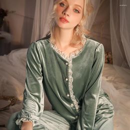 Women's Sleepwear Women 2PCS PJS Set Velour Lace Pyjamas Suit Spring Autumn Nightwear With Buttons Sexy Elegant Home Clothes Long Sleeve