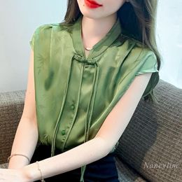 Women's Blouses Green Satin Shirt High-Grade Light Luxury Summer Short-Sleeved Blouse Elegant Retro Buckle Jacquard Top 2023