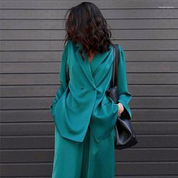 Women's Two Piece Pants Fashion Satin Long Sleeve Blazer Suits Women Elegant Turn Down Collar Sets Office Ladies Green Outfits 2023 Autumn