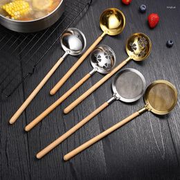 Spoons Stainless Steel Wooden Handle Soup Spoon Japanese Kitchen Ramen Tablespoons Colander Pot Scoop Skimmer Gold Tableware