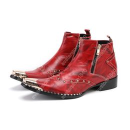 Christia Bella Red Genuine Leather Men Boots Square Toe Male Party Ankle Boots Rivets Motorcycle Boots Plus Size Dress Shoes