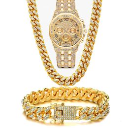 Wristwatches Luxury Iced Out Watch for Men Women Hip Hop Miami Bling CZ Cuban Chain Big Gold Necklace Paved Rhinestones Jewellery Set 230802