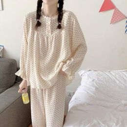 Women's Sleepwear Floral Print Women Pajama Sets Lace Long Pants Suit 2 Pieces Piiama Ruffle Korean Style Full Sleeve Autumn Night Wears