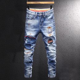 Men's Jeans Fashion Streetwear Men Retro Blue Elastic Slim Fit Printed Ripped Painted Designer Hip Hop Denim Pants Hombre