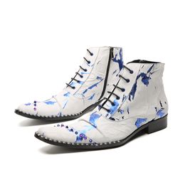 2023 Fashion Night Club Print Party Shoes Leisure Lace Up Pointed Toe Oxfords Boots British Style Cow Leather Men Brogue Boots