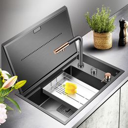 Nanometer Black Hidden kitchen Sink SUS 304 Stainless Steel 4mm Thickness Flip Cover Hidden Handmade kitchen Sinks