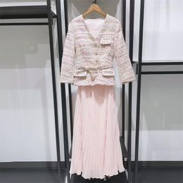 Casual Dresses 2023 Arrive Separable Pleated Women Midi Dress Full Sleeve V Neck Diamonds Buttons Real Pockets Female With Belt