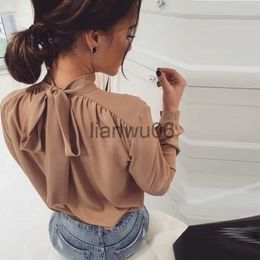 Women's Blouses Shirts Office Lady Casual Bow Tie Bandage Tops And Blouse Long Sleeve Stand Collar Solid Colour Fashion Shirts 2020 Autumn Elegant Tops J230802