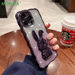 Cell Phone Cases Plating Wavy Frame Glitter Phone Case for iPhone 14 13 12 11 Pro Xs Max XR X XS 7 8 Plus Rabbit Invisible Bracket Silicone Cover L230731