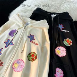 Men's Hoodies Sweatshirts 2022 High Quality New Cartoon Pixel Pattern Embroidered Sweatshirt Women's Super Large Retro Street Y2k Clothing Z230802