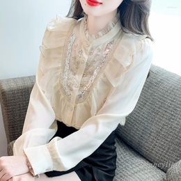 Women's Blouses Ruffled Chiffon Shirt Autumn Clothing 2023 Chic Beautiful Beaded Top Long Sleeve Design Sense Buttons Blusas