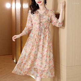 Casual Dresses 2023 High Quality Mulberry Silk V-neck Print Dress Summer Elegant Party Boho Beach Sundress Korean