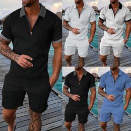 Men's Tracksuits Shirts&Shorts 2 Piece Sets Casual Suit Zipper Lapel T-shirt Short Sleeve Tracksuit Male Jogger Outfits