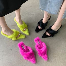 Slippers Pointed Toe Women Slides Slippers Arrivals Black Pink Green Thin High Heels Cross Strap Pumps Shoes Flip Flops Size 39 230802