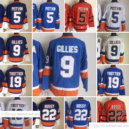 Movie Vintage Hockey 5 Denis Potvin Jerseys CCM Embroidery 9 Clark Gillies 19 Bryan Trottier 22 Mike Bossy Jersey Blue Orange White