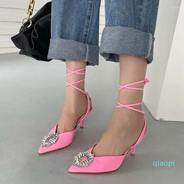 Dress Shoes Fashion Women Sandals Pointed Toe Rhinestone Shallow Slip On Party Pumps Thin High Heels Crystal Black/Pink/Yellow/Purple/Rose