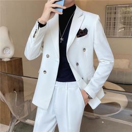 Men's Suits ( Jacket Pants ) High-end Brand Formal Business Double-breasted Suit 2-piece Set Solid Color Groom Wedding Dress Party