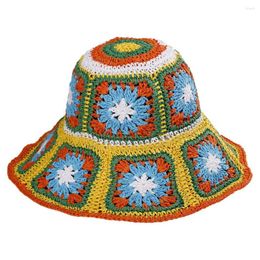 Chapéus de Aba Larga Chapéu de Pescador Padrão Floral Crochê Palha Proteção Solar Anti-UV Balde Embalável Dobrável