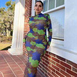 Casual Dresses Sheer Mesh Print Women Maxi Bodycon Dress Full Sleeve Turtleneck Elegant Celebrity Evening Party Prom Event Chic Slim