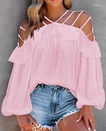 Women's T Shirts Fashion Woman Blouse 2023 Spring Cold Shoulder Ruffle Hem Sexy Cutout Lantern Sleeve Plain Casual Long Daily T-Shirt Top