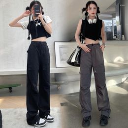 Women's Pants Trendy Loose Pocket Straight Tube Retro Girl Thin Drawstring Leggings Wide Leg Y2k Cargo Wear