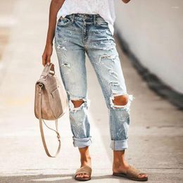 Women's Jeans Personality Ripped Small Feet Female High Waisted Washed Distressed Denim Trousers Light Blue Slim Fit Jean Pants