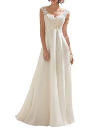 Abito da sera formale classico Abiti da sera con scollo a V Abito da cerimonia in chiffon bianco senza maniche per donna 2023 Perline applique Sweep Train Vestidos de Novias