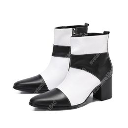 Christia Bella Designer Black White Patchwork High Heel Men Boots Genuine Leather Party Dress Boots Fashion Male Short Boots