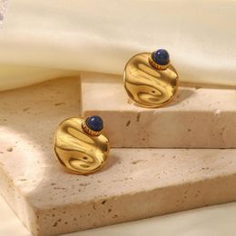 Hoop Earrings DEAR-LIFE Gold-plated Round Inlaid Lapis Lazuli Stud Light Luxury Women's Jewellery