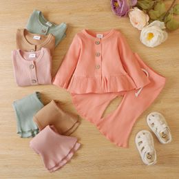 Clothing Sets 0 18M Baby Girls Solid Color Clothes Outfits Cotton Long Sleeve Tops Flare Pants 2Pcs Spring Autumn Toddler Suits 230802