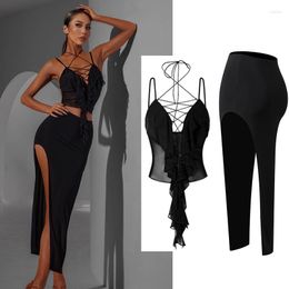 Stage Wear Latin Dance Clothes Women Black Ruffled Tops Slit Skirt Adult Tango Performance Costume Rumba Samba Dresses DNV17997