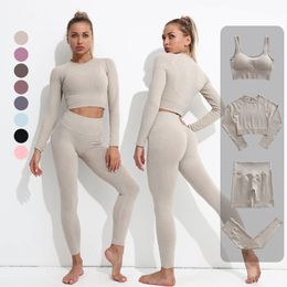 Yoga Outfit 234PCS Set For Women Seamless Workout Gym Wear Fitness Sports Clothes Suits High Waist Leggings Long Sleeve Crop Top 230801