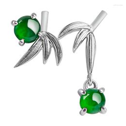 Dangle Earrings S925 Silver Inlaid Natural A-goods Jade Yang Green Bamboo Leaf Asymmetric Jadeite Women's Jewelry Drop