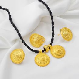 Necklace Earrings Set Anniyo African Necklaces Ring With Black Rope Ethiopian Eritrean Engagement Ornament Women #170016R