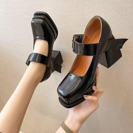 Dress Shoes High Heels For Women Retro Square Toe Mary Jane Platform Thick Woman Fashion Buckle Strap Female Black Pumps