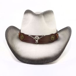 Western Straw Cowboy Hat Cow Head Belt Unisex Spray Paint Cowgirl Hat Pink Wide Brim Sun Hat Panama Cap Sombrero Para Mujer