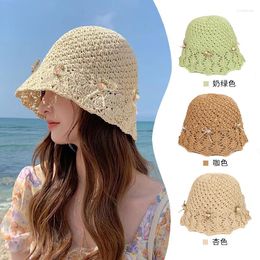 Wide Brim Hats 2023 Korean Sweet Straw Hat Women Summer Breathable Hand-woven Bow Bucket Versatile Foldable Vacation Sun Cap Gorras