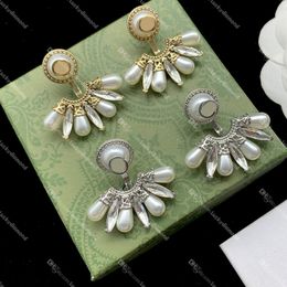 Women Pearl Rhinestone Eardrop Designer Lady Hoop Earrings Interlocking Letter Stud with Gift Box